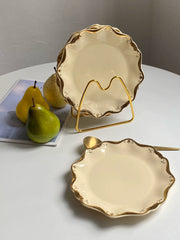 Ceramic Dish, Yellow with Gold Floral Rim, 8 Inch - detail 2
