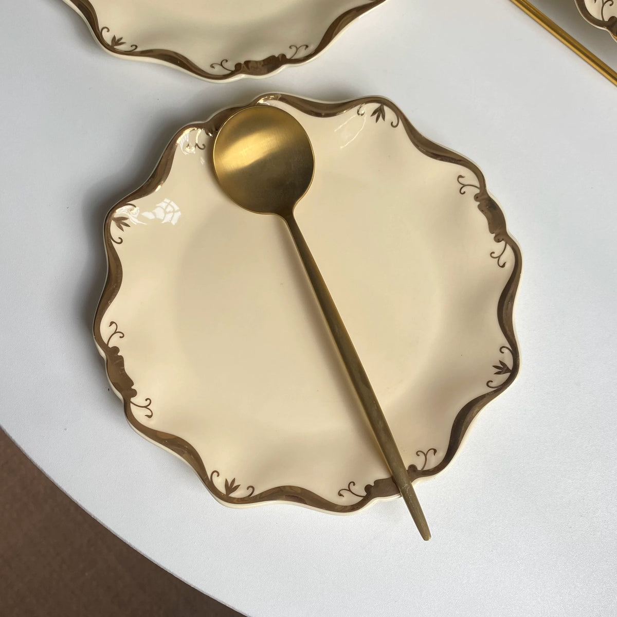 Ceramic Dish, Yellow with Gold Floral Rim, 8 Inch - detail 1