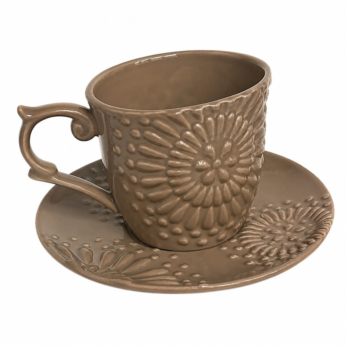 Ceramic Cup and Saucer Set, 200 ml, Coffee Brown Embossed Design - product view 1