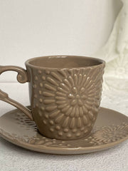 Ceramic Cup and Saucer Set, 200 ml, Coffee Brown Embossed Design - detail 2