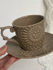 Ceramic Cup and Saucer Set, 200 ml, Coffee Brown Embossed Design - detail 3