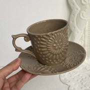 Ceramic Cup and Saucer Set, 200 ml, Coffee Brown Embossed Design - detail 1