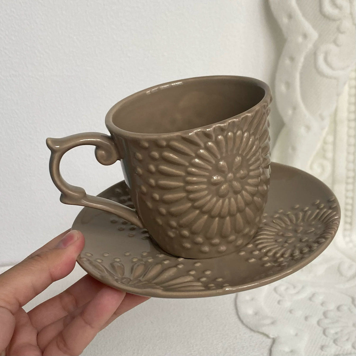 Ceramic Cup and Saucer Set, 200 ml, Coffee Brown Embossed Design - detail 1