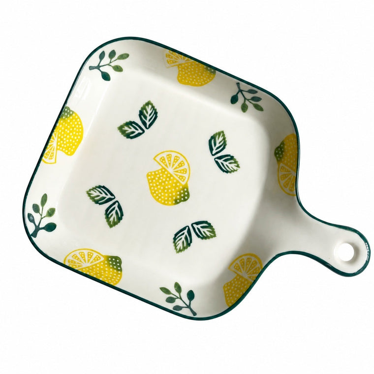 Ceramic Square Plate 22.5x16x3cm, Handled Lemon Design, Underglaze Decoration - product view 1