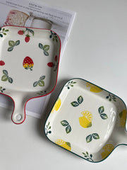 Ceramic Square Plate 22.5x16x3cm, Handled Lemon Design, Underglaze Decoration - detail 2