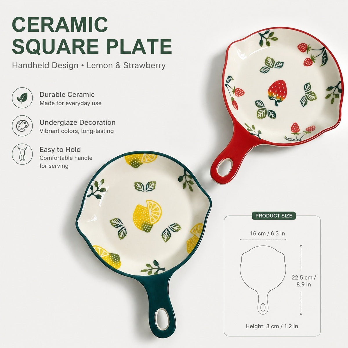 Ceramic Square Plate 22.5x16x3cm, Handled Lemon Design, Underglaze Decoration - detail 3