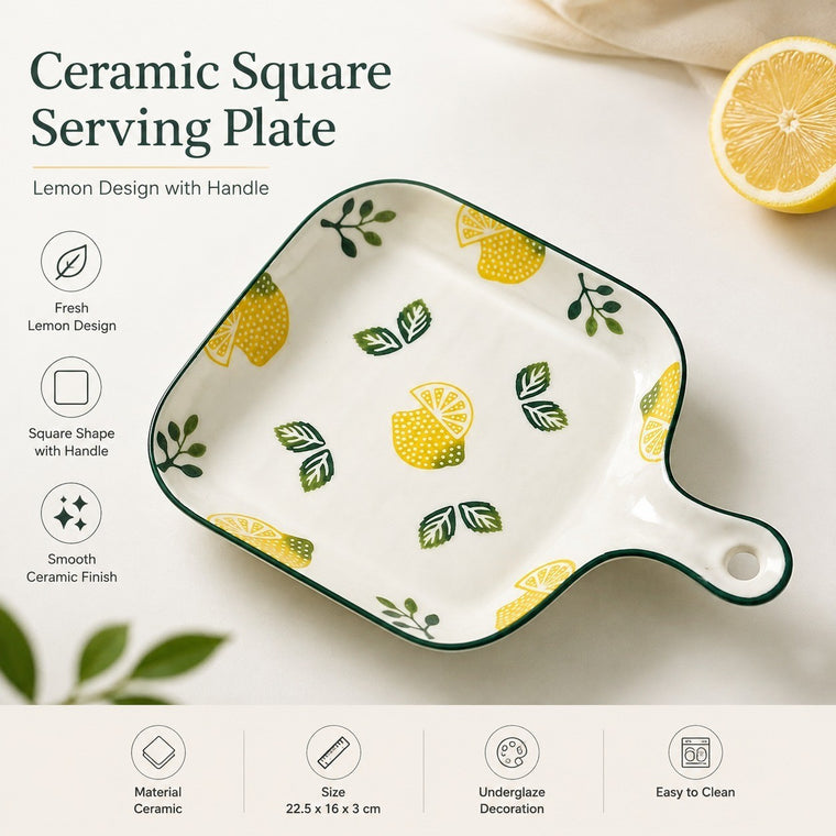 Ceramic Square Plate 22.5x16x3cm, Handled Lemon Design, Underglaze Decoration - detail 1