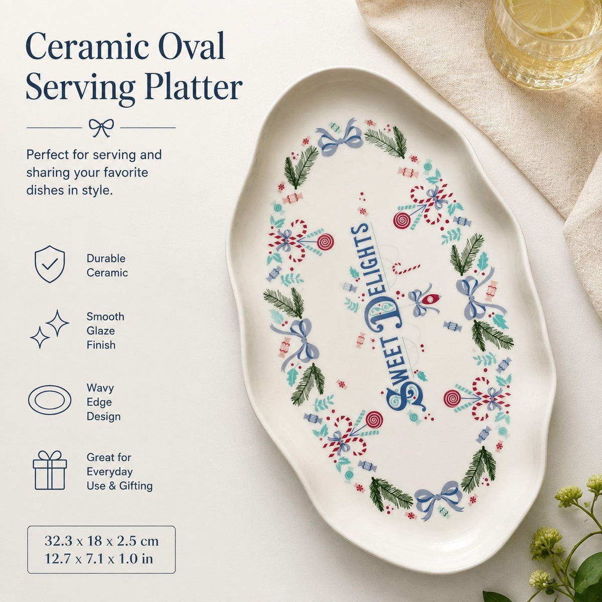 Ceramic Oval Platter, Wavy Edge, 32.3 x 18 x 2.5 cm, Serving Dish - detail 2