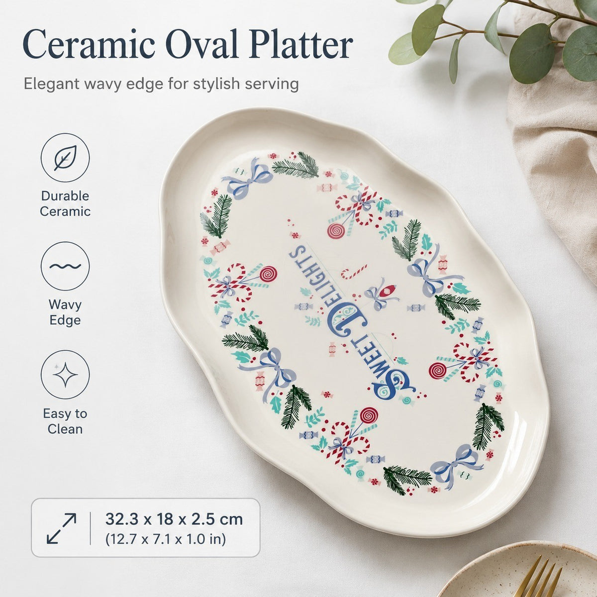 Ceramic Oval Platter, Wavy Edge, 32.3 x 18 x 2.5 cm, Serving Dish - detail 1