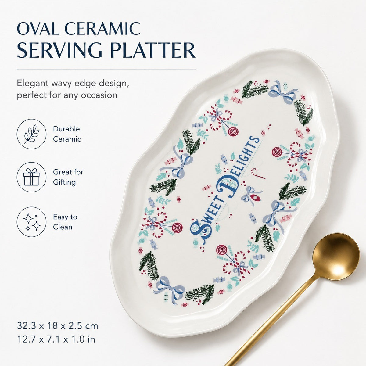 Ceramic Oval Platter, Wavy Edge, 32.3 x 18 x 2.5 cm, Serving Dish - detail 3