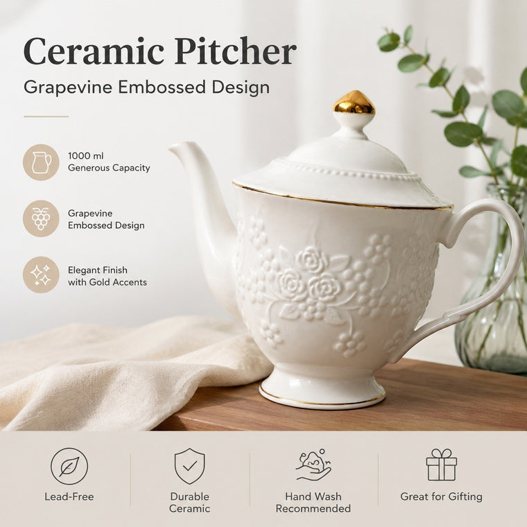 1000ml Ceramic Pitcher, Grapevine Embossed Design, 801-900ml Capacity - detail 1