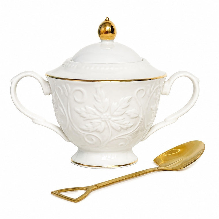 Ceramic Sugar Bowl, 320ml, Double-Handled Embossed, 17x10x13cm - product view 1