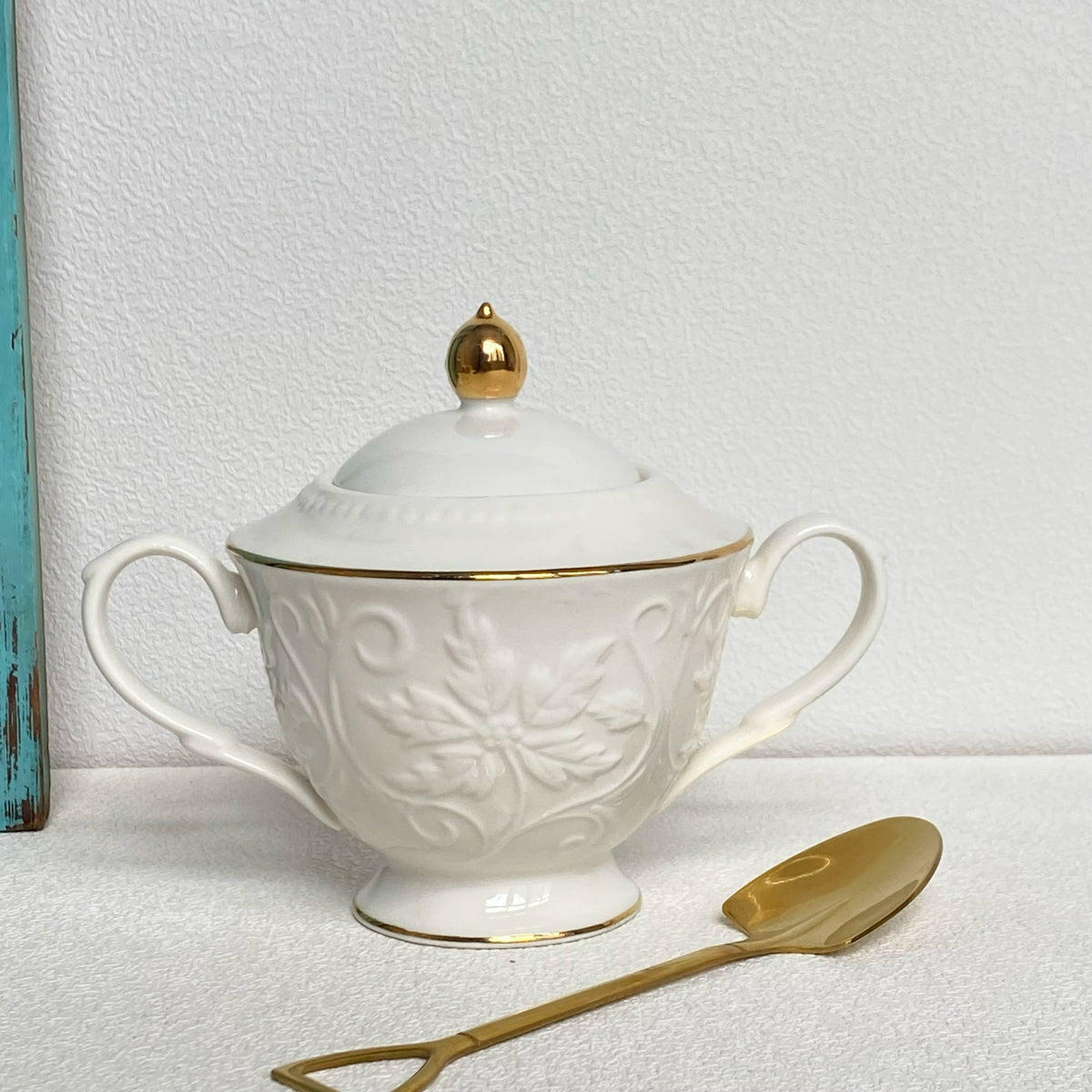 Ceramic Sugar Bowl, 320ml, Double-Handled Embossed, 17x10x13cm - detail 1