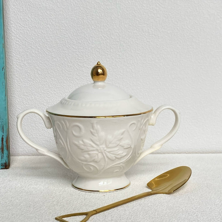 Ceramic Sugar Bowl, 320ml, Double-Handled Embossed, 17x10x13cm - detail 1
