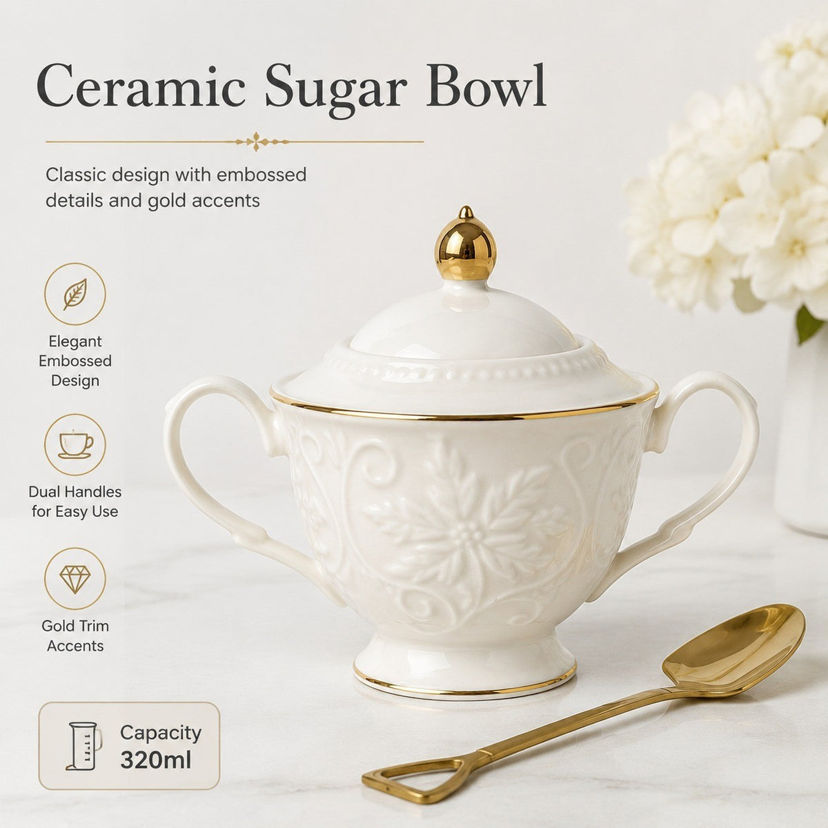 Ceramic Sugar Bowl, 320ml, Double-Handled Embossed, 17x10x13cm - detail 2