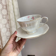 Ceramic Cup and Saucer Set, Pearlescent Pink Floral Design - detail 1