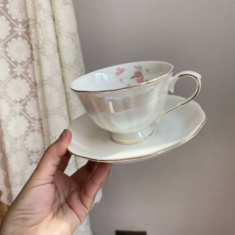 Ceramic Cup and Saucer Set, Pearlescent Pink Floral Design - detail 1