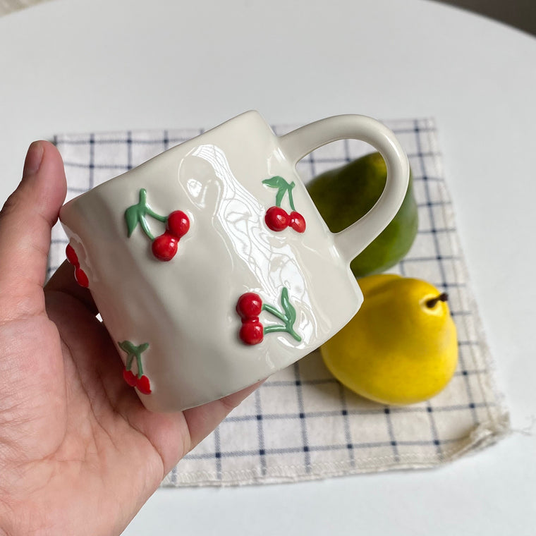 Ceramic Cup 200 ml, Embossed Cherry Design, Coffee Tea Mug - detail 1