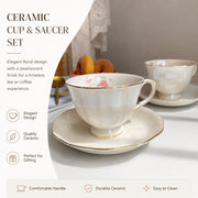 Ceramic Cup and Saucer Set, Pearlescent Pink Floral Design - detail 2