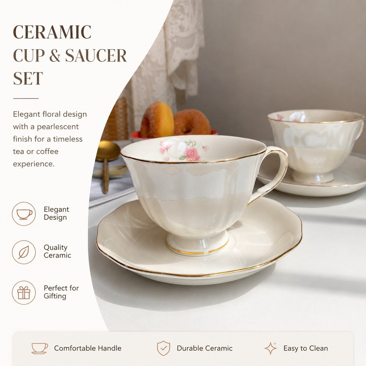 Ceramic Cup and Saucer Set, Pearlescent Pink Floral Design - detail 2