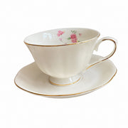 Ceramic Cup and Saucer Set, Pearlescent Pink Floral Design - product view 1