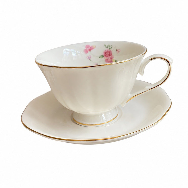 Ceramic Cup and Saucer Set, Pearlescent Pink Floral Design - product view 1