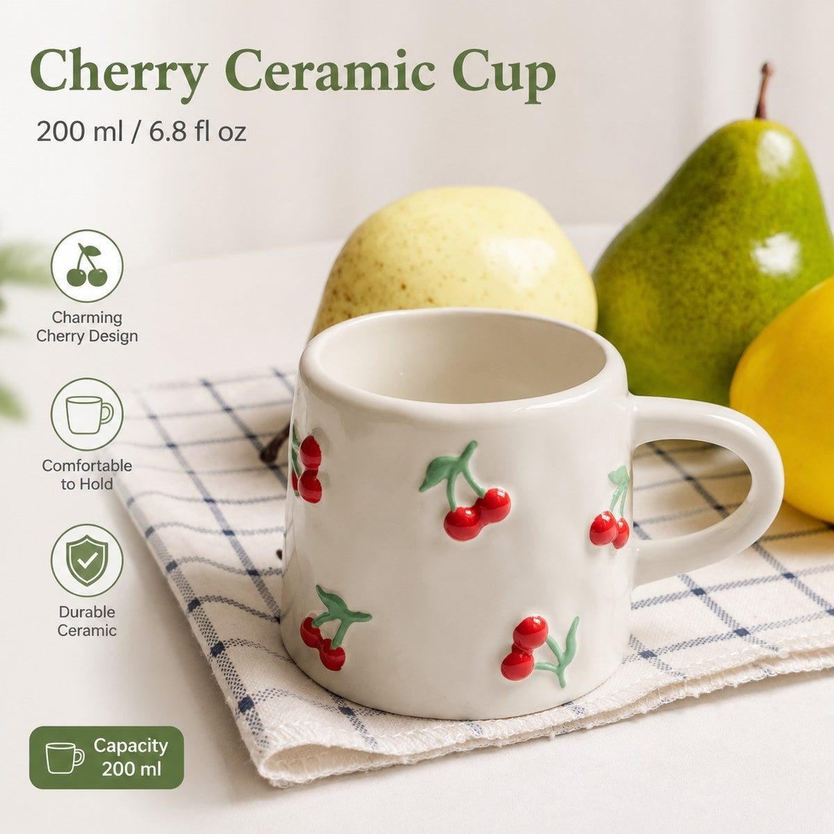 Ceramic Cup 200 ml, Embossed Cherry Design, Coffee Tea Mug - detail 2