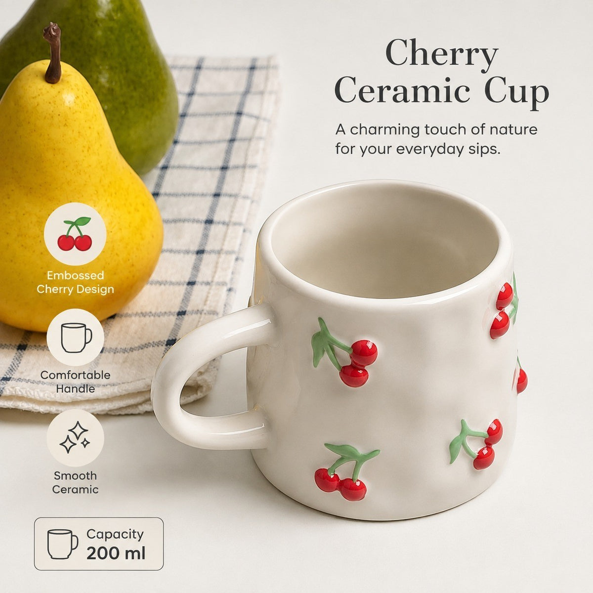Ceramic Cup 200 ml, Embossed Cherry Design, Coffee Tea Mug - detail 3