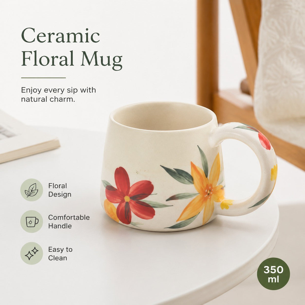 Ceramic Cup 350ml Green Leaf Design, 9cm Rim, Tea Coffee Mug - detail 3