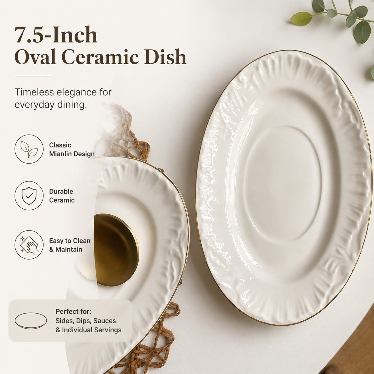 Ceramic Small Dish 7.5 Inch Oval, Mianlin Design, Dinner Plate - detail 2
