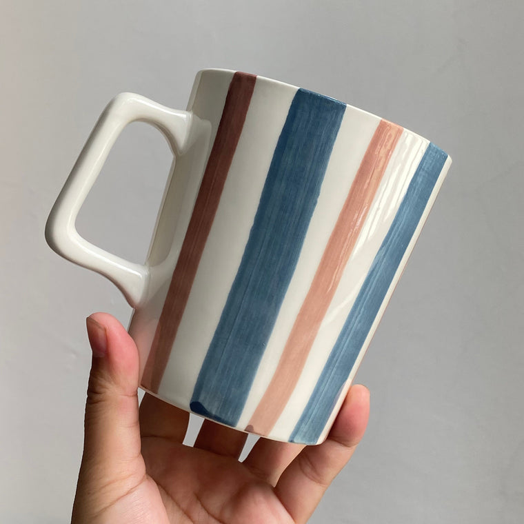 Red Blue White Stripe Ceramic Cup, 450 ml, Hand-Painted Underglaze - detail 1