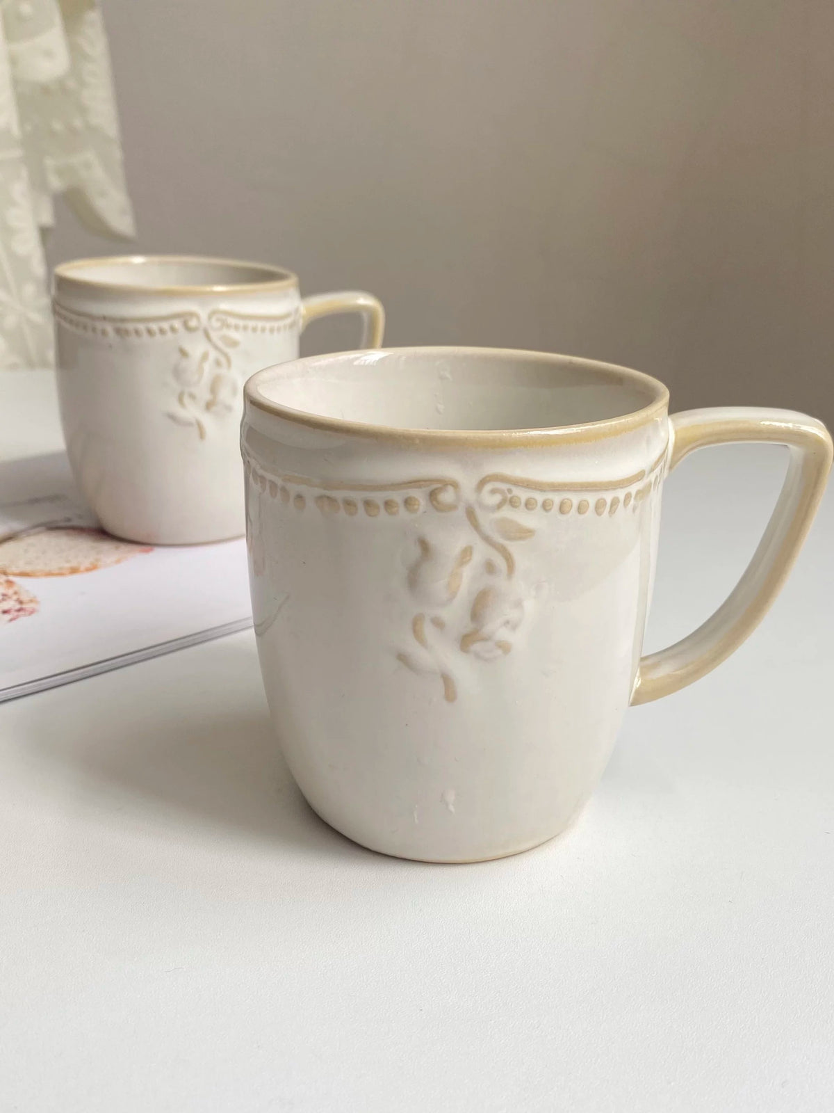 Beaded Rose Ceramic Cup, 300ml, Underglaze Relief Detailing - detail 2