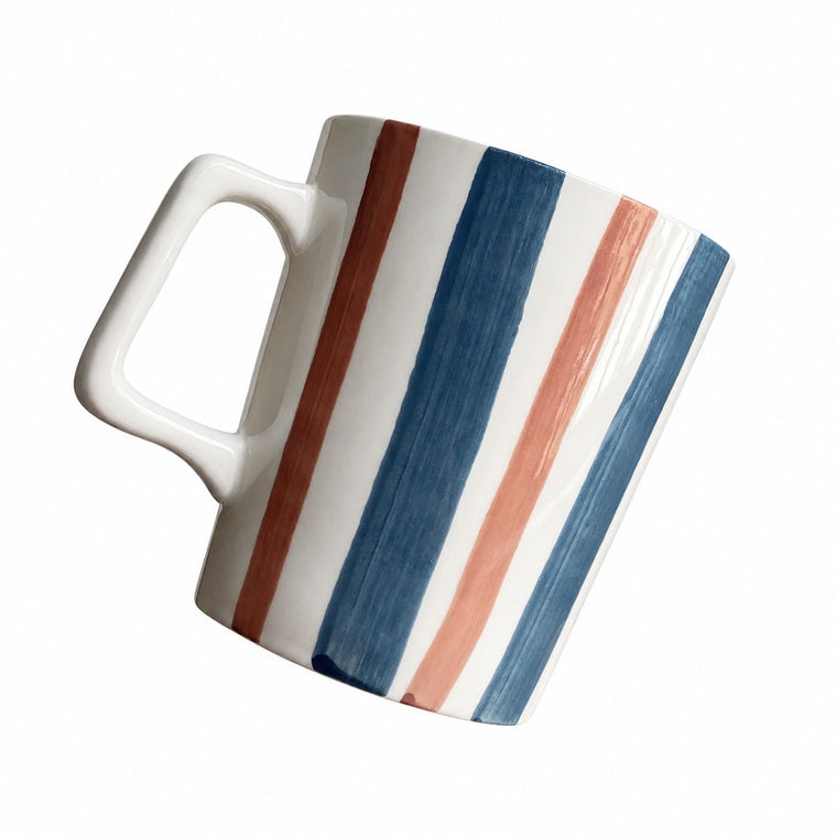 Red Blue White Stripe Ceramic Cup, 450 ml, Hand-Painted Underglaze - product view 1