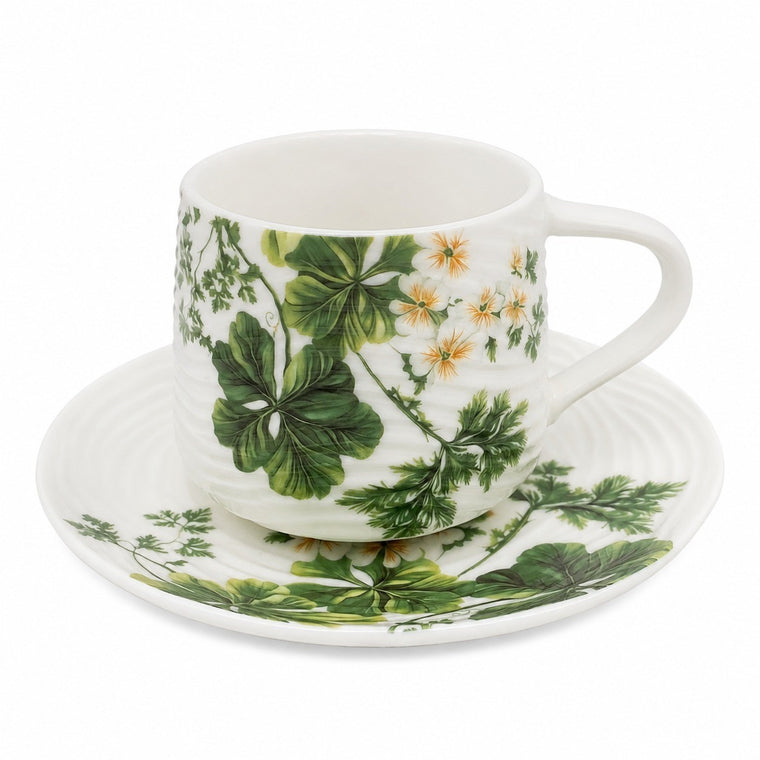 Ceramic Cup 120 ml, Green Leaf White Flower Design - product view 1