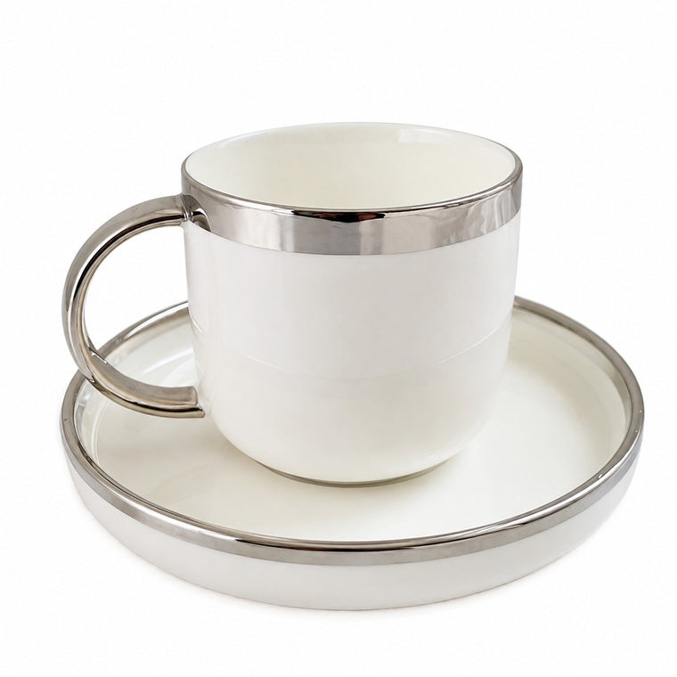 Silver-Rimmed Cup and Saucer Set, 220 ml, 1 Cup 1 Saucer, Tea Coffee - product view 1