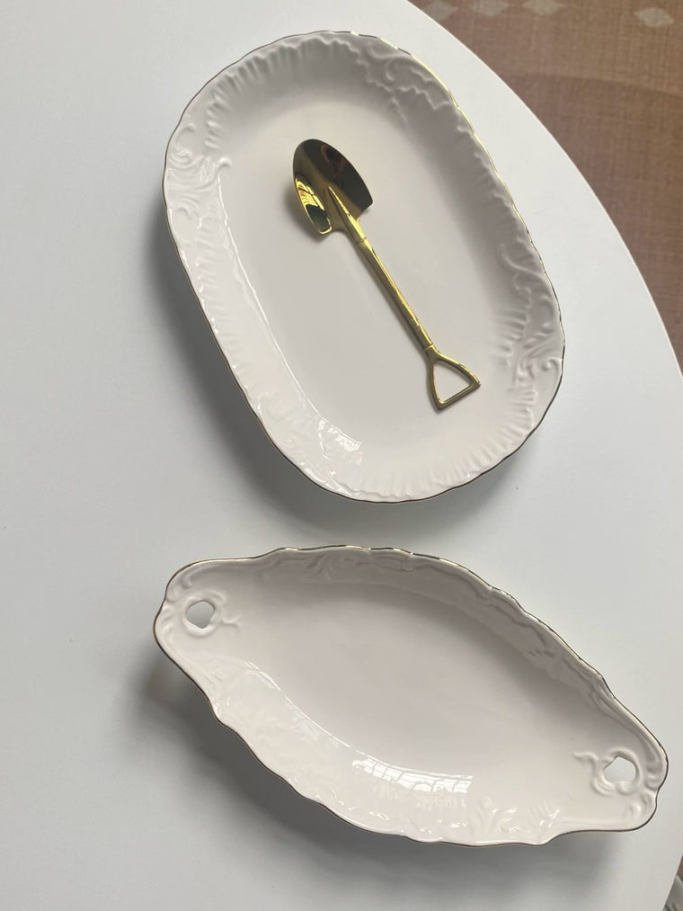 Fine Porcelain Oval Platter 9.75 Inch, Relief Gold Detailing, Serving Dish - detail 1