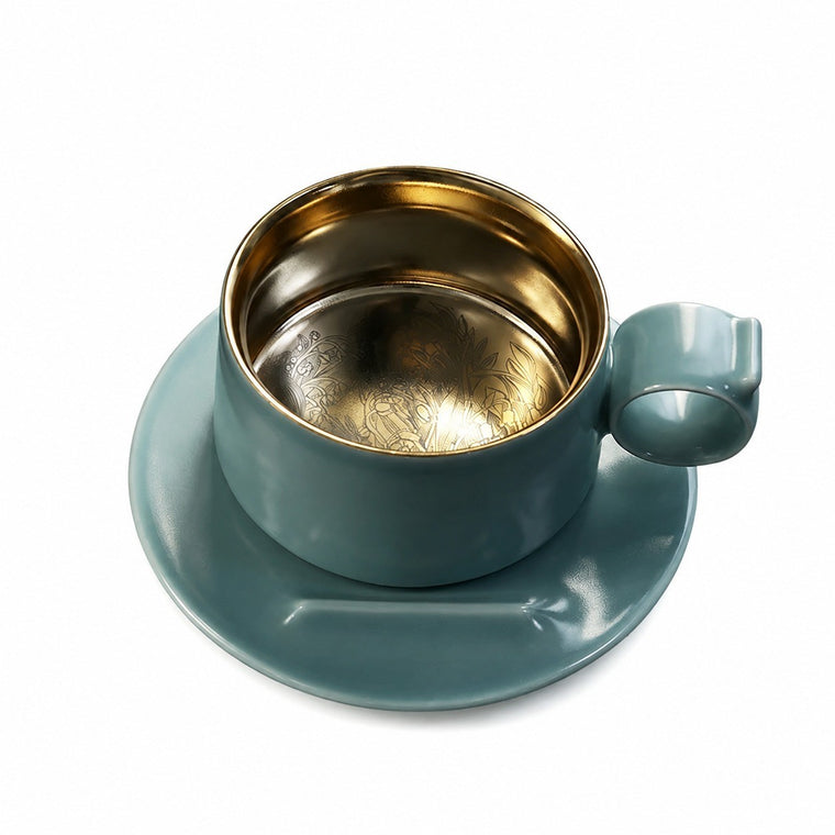 Engraved Ceramic Coffee Cup and Saucer, Iris Design - product view 2