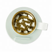 Engraved Ceramic Coffee Cup & Saucer, Magnolia White, Cat Design - product view 1