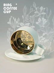 Engraved Ceramic Coffee Cup & Saucer, Magnolia White, Cat Design - detail 3