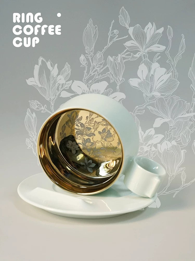 Engraved Ceramic Coffee Cup & Saucer, Magnolia White, Cat Design - detail 3