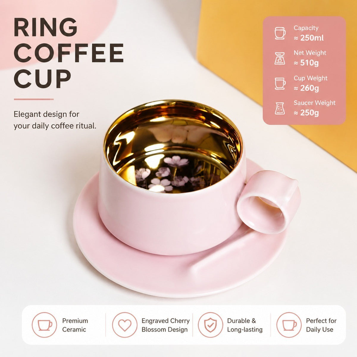 Engraved Ceramic Coffee Cup & Saucer, Magnolia White, Cat Design - detail 1
