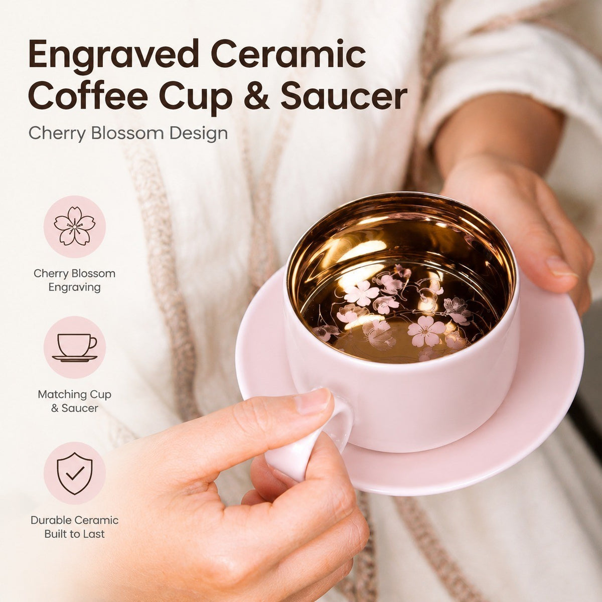 Engraved Ceramic Coffee Cup & Saucer, Magnolia White, Cat Design - detail 2