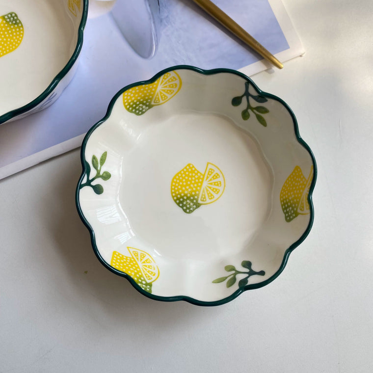 Lemon Scalloped 6 Inch Bowl, Ceramic Salad Serving Dish - detail 1