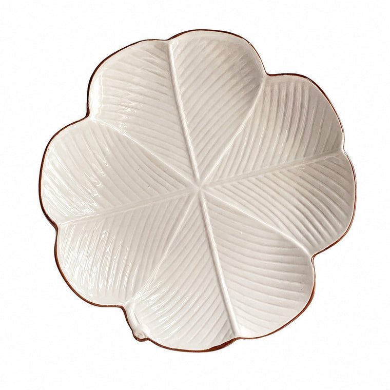 Four-Leaf Clover Ceramic Plate, Brown Rim, 30 x 3.5 cm, Relief Detail - product view 1
