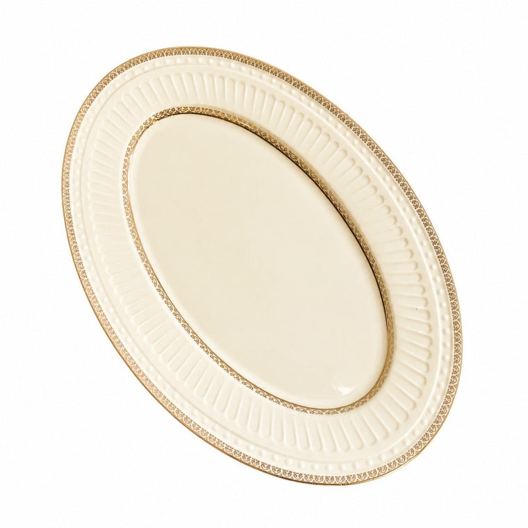 Gold Rim Cream Oval Platter, 14 Inch Ceramic Serving Dish - product view 1