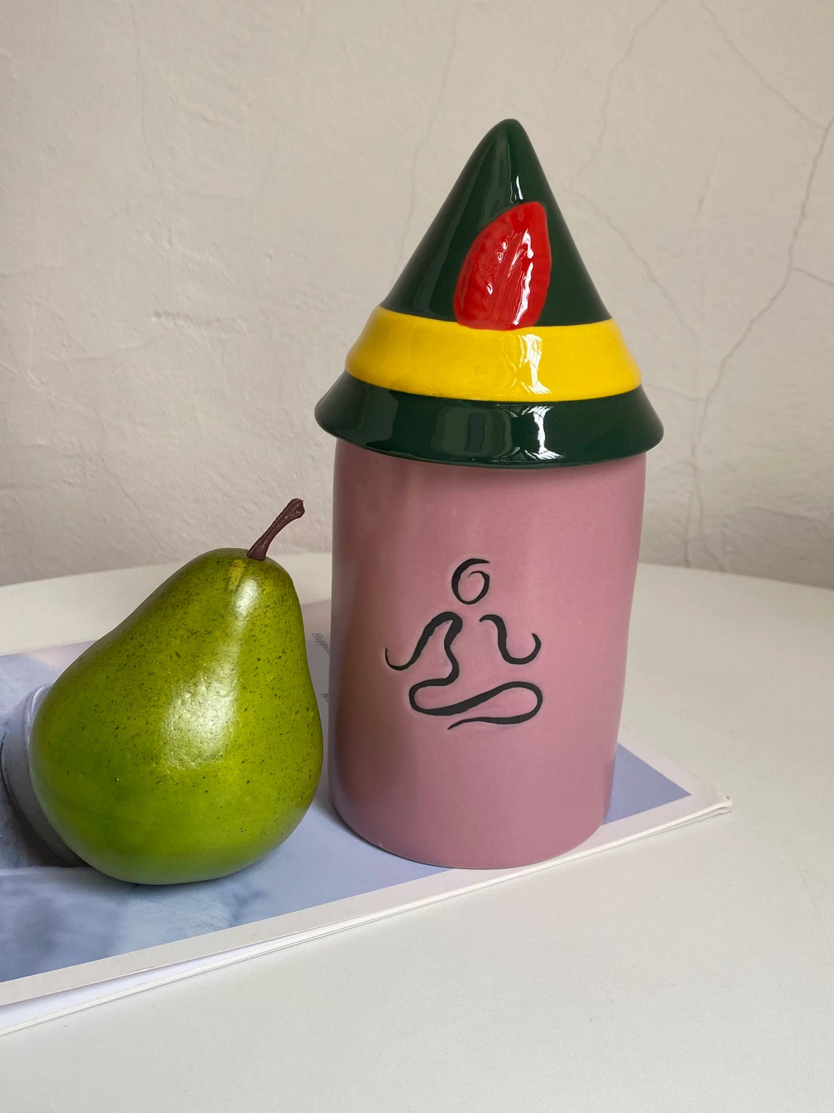 Pink Ceramic Storage Jar with Green Lid, Kitchen Pantry Canister - detail 2
