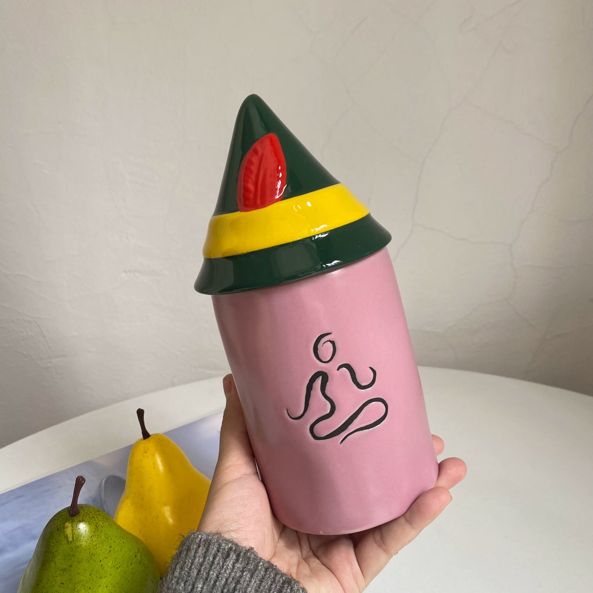 Pink Ceramic Storage Jar with Green Lid, Kitchen Pantry Canister - detail 1