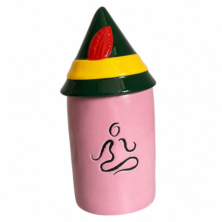 Pink Ceramic Storage Jar with Green Lid, Kitchen Pantry Canister - product view 1