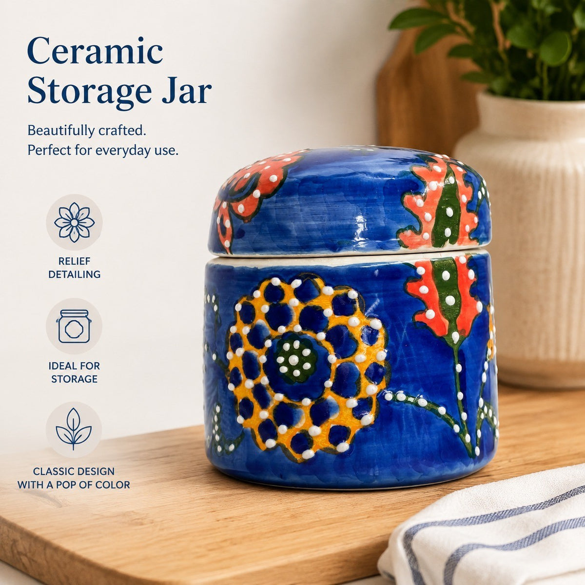 Blue Ceramic Storage Jar with Relief Detailing, Kitchen Food Container - detail 1