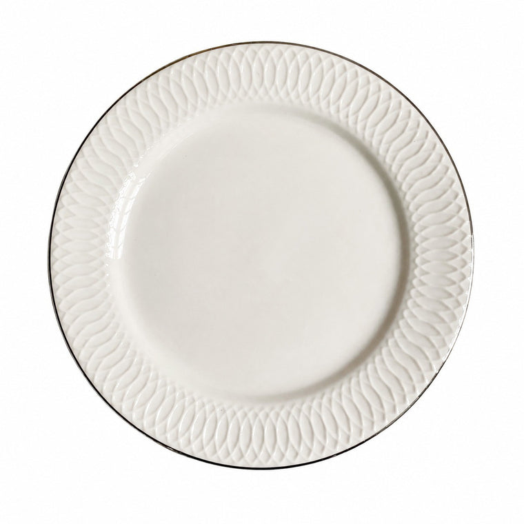 Ribbed White Plate with Silver Rim, Relief Design, Elegant Dinnerware - product view 1